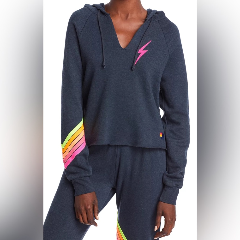 Aviator Nation Navy Hoodie with Rainbow Stripes